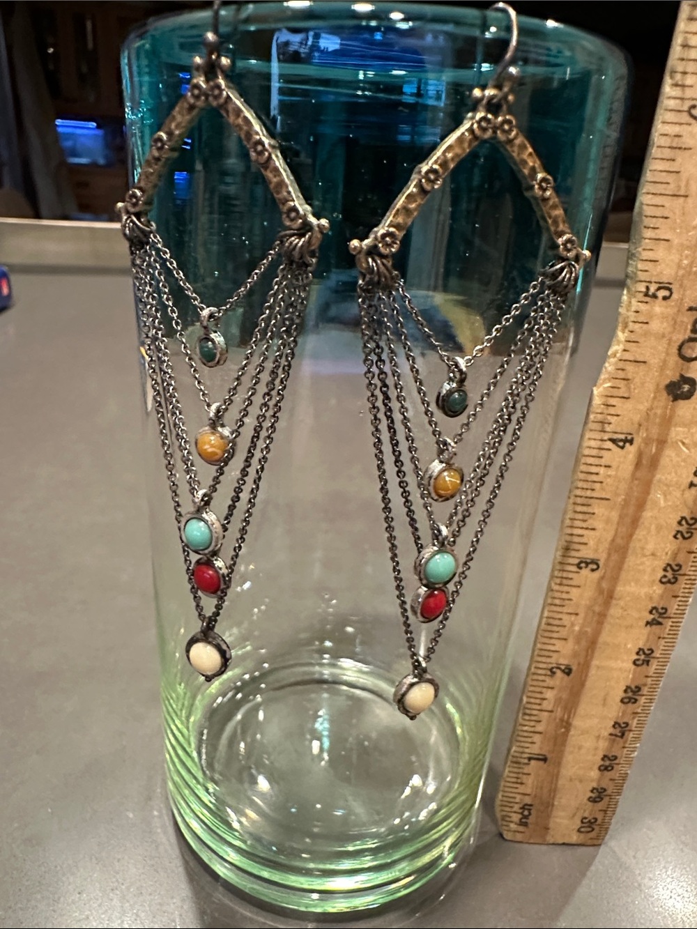 Boho Multi-Stone Dangle Earrings - Turquoise, Red, Yellow, Cream